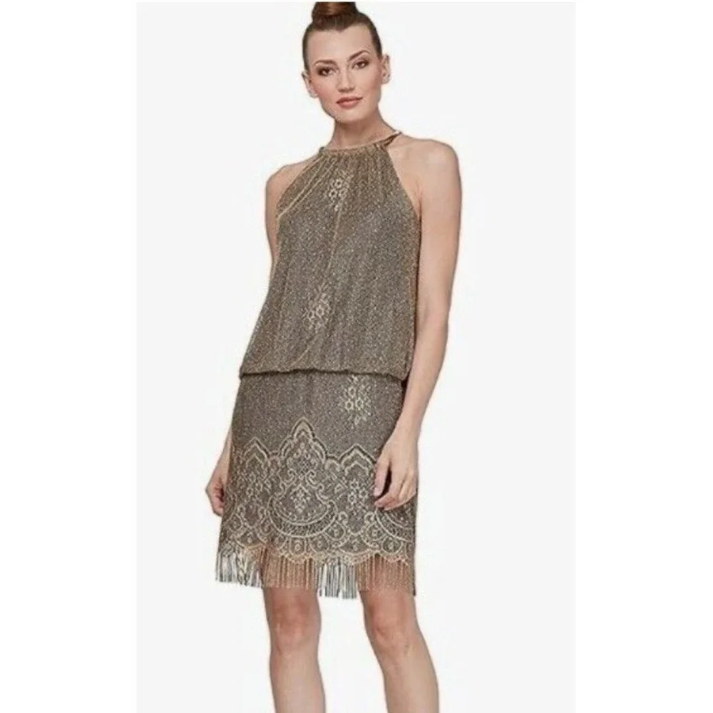S.L. FASHIONS Women's Blouson  Halter Crochet Dress Flapper Fringe Sz 6 Gold NEW